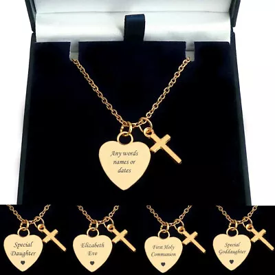 Engraved Heart And Cross Necklace Rose Gold PlatedPersonalised For Woman Girl • £21.99