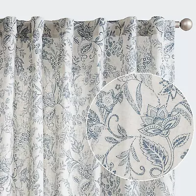 Lazzzy Linen Curtains Farmhouse Blue Floral Print Curtains 84 Inches Long Back 2 • $55.34