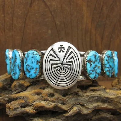 Vintage Sterling Silver Six Stone Turquoise Man In The Maze Cuff Bracelet+ • $675