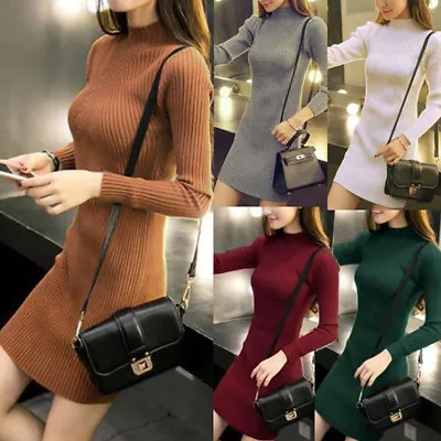 $16.87 • Buy Women Fall Winter Slim Sweater Dress Bodycon-Turtleneck Knitted Jumper Knitw!HM