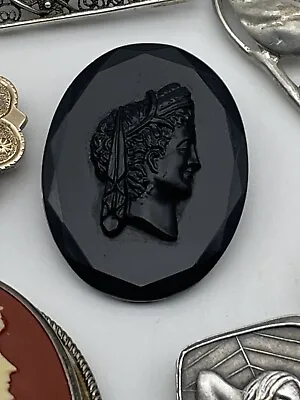 Antique French Jet Mourning Cameo Brooch Pin • $38