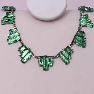 Vtg 1930s Art Deco Czech Emerald Green Foiled Glass Vauxhall Step Necklace • $47