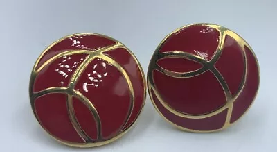 Vintage Monet Red Enamel Round Earrings Pierced Gold Tone Metal Posts • $8