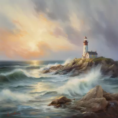 Lighthouse Sea Ocean Oil Painting River Canvas Wall Picture Print Colourful • £27.99