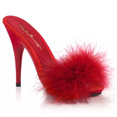 Fabulicious POISE-501F Satin-Maribou Fur 5  High Heel Platform Slide Sandal. • $55