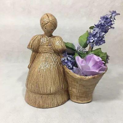 Vintage Ceramic Corn Husk Doll Girl Woman Mold Planter W/ Faux Flowers • $18