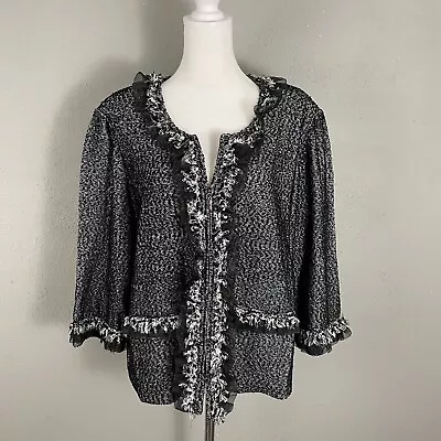 Ming Wang $320 Knit Cardigan Jacket Size XL Black Tweed Knit Zip Front Fringe • $42.71
