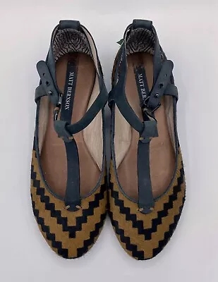 Matt Bernson Geometric Brown Black Almond Toe T-Strap Flats Women’s Size 8 • $35.99