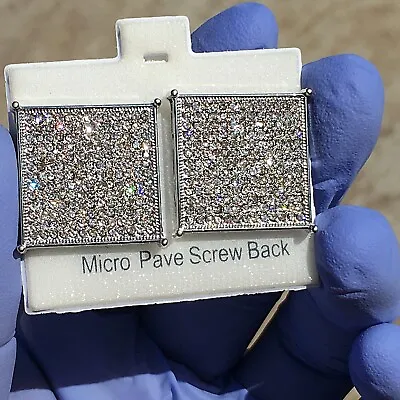 Huge Earrings Square Iced Silver Plated Screw Back Simulated CZ Micro Pave 22MM • $24.99