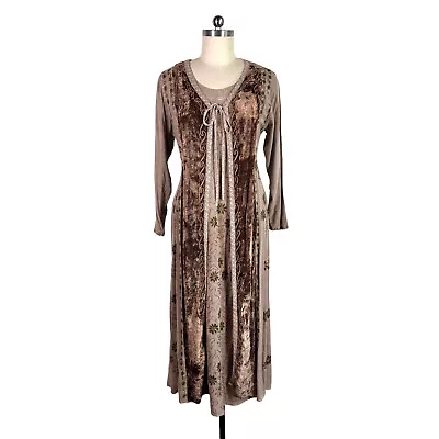 Vintage Indian Embroidered Velvet  Maxi Dress L/XL Hippie Boho 90s Beige Vtg • $40