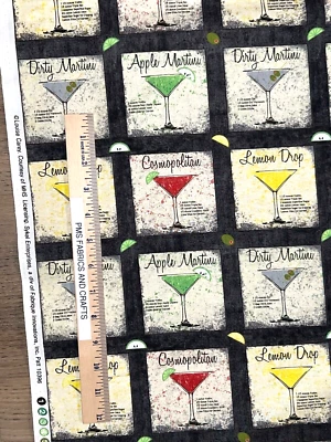 $7 • Buy Sykel Martini Patch Martini Glasses 100% Cotton Fabric By The Yard 10396