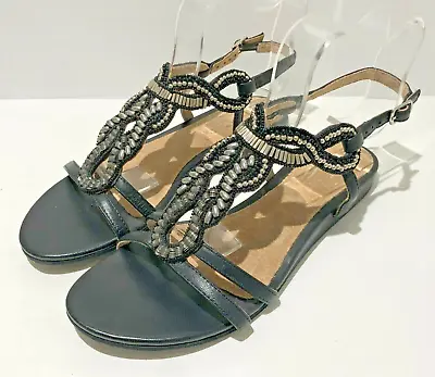 Sandals Size 6 Black Genuine Leather Fat Face Flat Shoes New • £39.95