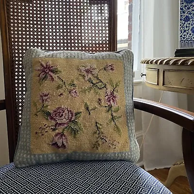 Vintage Needlepoint Petit Point Roses Floral Pillow  12 X 12 Shabby Chic Cottage • $39.99
