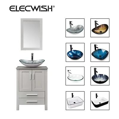 Modern 24  Bathroom Vanity Vessel Sink Set Cabinet With Faucet Drawers & Mirror • $169.99