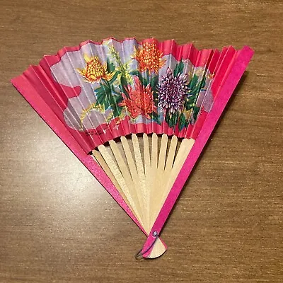 Vintage Floral Wooden Hand Fans Fold Up 1950-1960 Taiwan Pink • $16