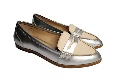 J. Crew Silver Metallic Cream Leather Penny Loafers Flats Womens 7 Made In Italy • $59.99