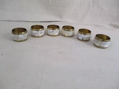 6 Vintage Inlay Mother Of Pearl Abalone & Brass Napkin Rings • $15.96