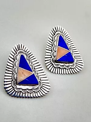 Vintage Lapis Coral Inlay Earrings Sterling CLIP Southwest Native American • $145