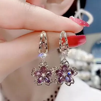 Crystal Purple Flower Sakura Hoop Earrings Dangle Wedding Women Fashion Jewelry • $1.75