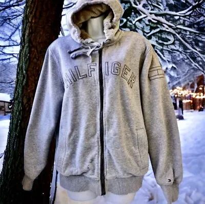 Tommy Hilfiger Fur Lined Grey Hoodie Sweatshirt Winter Jacket Mens Medium USED  • $21.99
