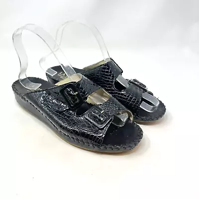 La Plume Jen Low Wedge Ergonomic Sandals In Black Crocodile Size 39 • $44.79