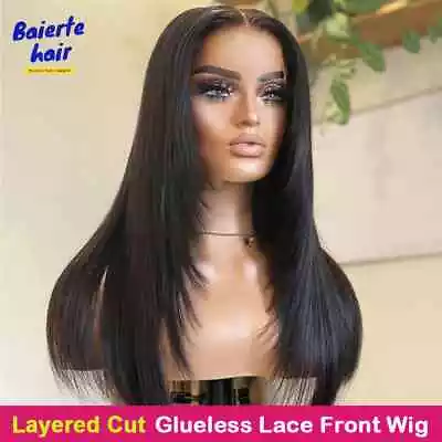 Layered Straight Lace Front Human Hair Wigs Raw Indian Glueless Wig Pre Plucked • $198.17