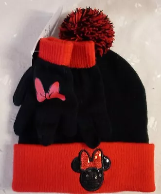 NWT Girl's Minnie Mouse Beanie & Gloves-Red & Black W/Sequins & Appliques • $5.99