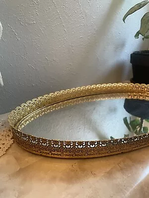 Vtg Filigree Gold Oval Mirror Vanity Tray Footed Dresser 18.5x11  Perfume Desilv • $35