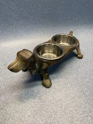 Dachshund Cast Iron Dog Food & Water Bowl Holder Vintage Wiener Dish Feeder • $42.49