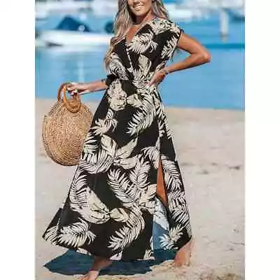 Cupshe V Neck Short Sleeve Split Slit Sides Maxi Cover Up Dress Black Tan Small • $25