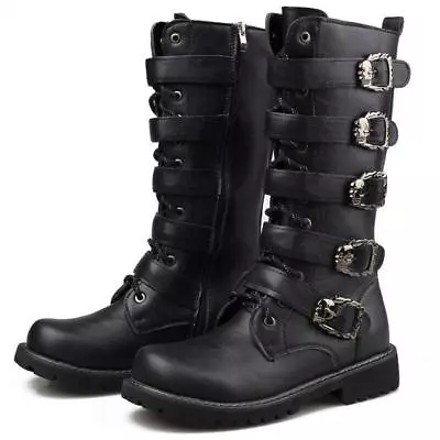 Chic Mens Knee High Boots Military Buckle Fashion Gothic Zip Combat Riding Shoes • $52.95