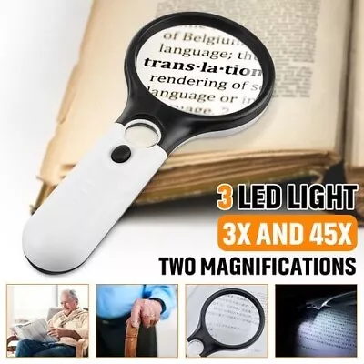 Magnifying Glass 45X Handheld Magnifier Reading Jewelry Loupe With 3 LED Light • £4.85