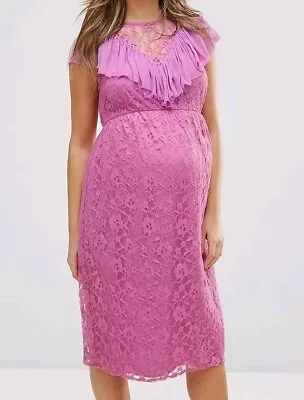 Asos Maternity Eyelet Trim Lace Dress With Ruffle Detail Pink Size 10 UK-1131232 • £14.99