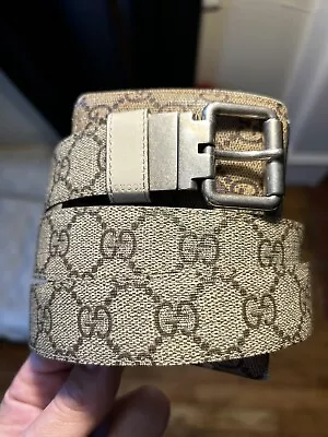 Gucci Reversible Belt GG Supreme Monogram Leather And Canvas White Tan Size 100 • $197.98