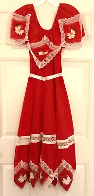 VINTAGE MEXICAN PARTY DRESS - Red Floral - Folk-Peasant-Boho - M (Loose Fit) • $12