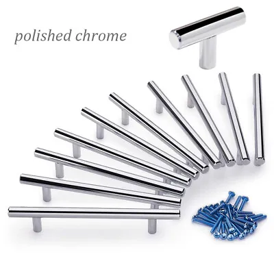 Polished Chrome Stainless Steel T Bar Kitchen Cabinet Door Handles Drawer Knobs • £3.80