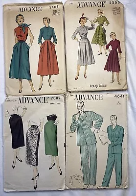 Four Vintage Advance Sewing Patterns 1950's Skirts Blouses Men's Pajamas • $16.99
