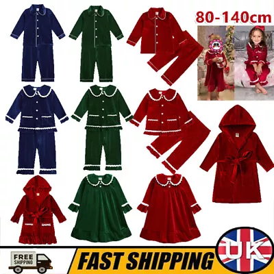 Kids Baby Christmas Pyjamas Xmas Velvet Nightgown Bathrobe Tops +Pants Sleepwear • £19.16