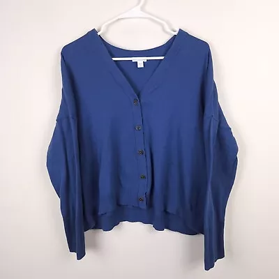 J Jill Cardigan Women's Large Petite Blue Knit Sweater Organic Cotton Button • $21.99