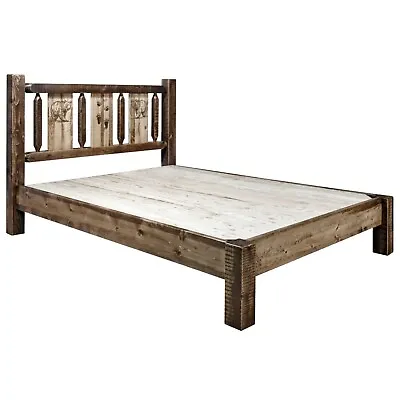 Rustic Platform Bed KING Farnhouse Style Etched Headboard Unique Amish Made • $1394.07
