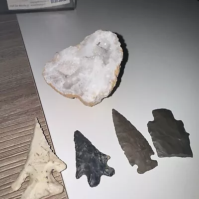 LARGE GEODE CRYSTAL & MINERAL EGGS OPENED And 4 Arrowheads • $0.99
