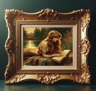 Gold Mermaid Reading Vintage 18th Century Style Wall Painting Picture Print • $7.99