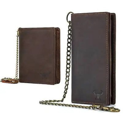 Vintage Men Chain Wallet Genuine Leather RFID Bifold Biker Trucker Wallets Brown • $19.94