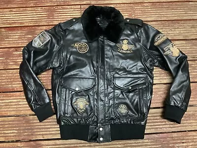 Real Leather Bomber Patches Jacket Black Small NEW Unisex Awesome • £70