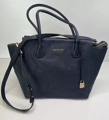 Michael Kors Mercer Satchel Blue Pebbled Leather Large Zip Crossbody Business • $60