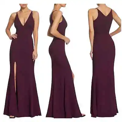 Dress The Population NWT Iris Thigh High Slit Crepe Gown Size S Plum Sleeveless • $125