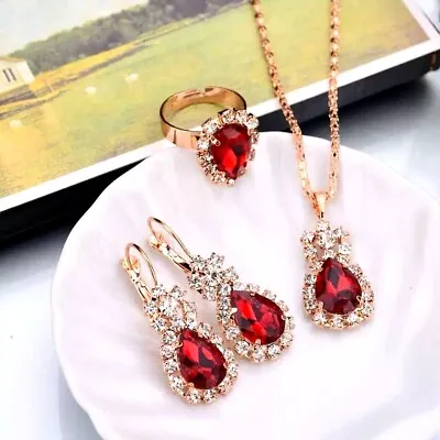 £4.45 • Buy Womens Crystal Jewellery Set Gold Necklace Earrings Pendant And Ring Set UK