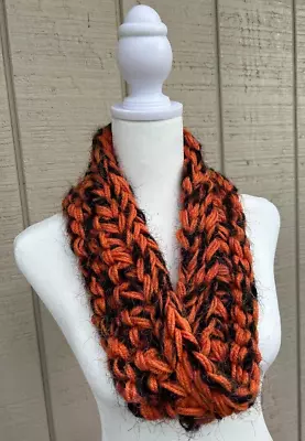 Hand Made Crochet Infinity Scarf~4x32~Dramatic Black Fuzzy & Thick Orange FUN! • $16