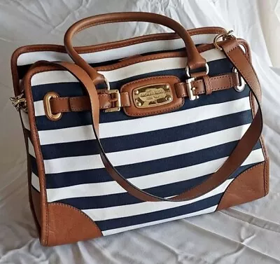 💕 Michael Kors Navy Blue White Brown Striped ❤️Hamilton Canvas Hobo Bag Leather • $79.85