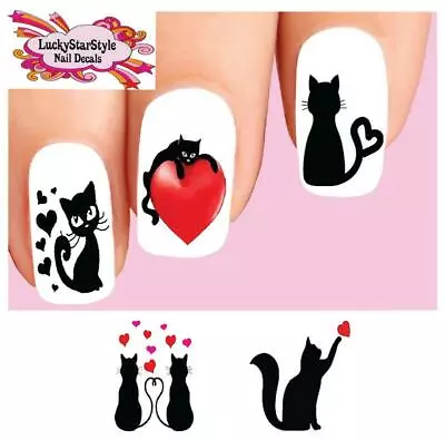 Waterslide Nail Decals Set Of 20 - Black Kitty Cat With Hearts Assorted • $2